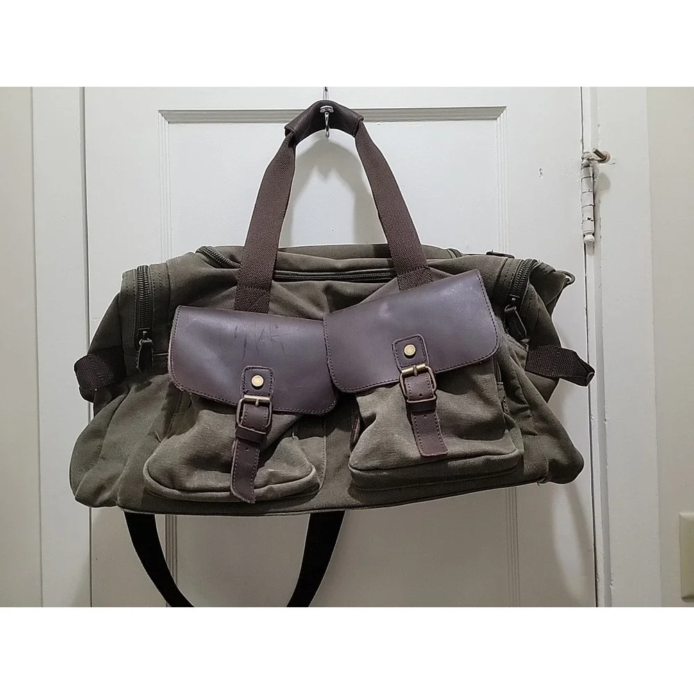 Vintage Canvas & Leather Duffle Bag – Large Travel Hunting Weekender, 2 Magnetic